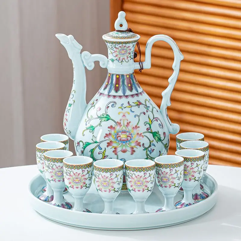 

Chinese-Style Antique Ceramic Wine Jug Home Use 1-Jin Capacity Wine Set Wine Dispenser with 10 Small Wine Cups Home Gift