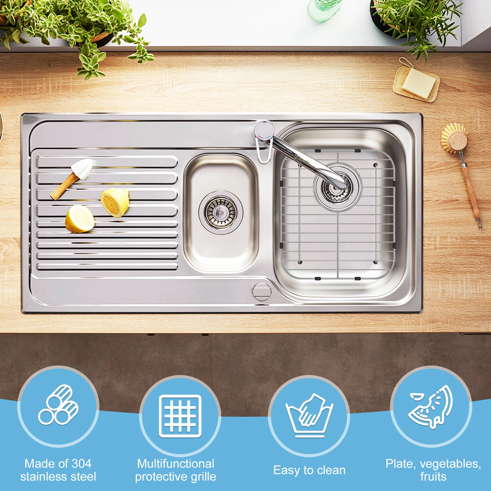 2Pcs Kitchen Sink Grid 304 Stainless Steel Sink Protectors Double Bowl Sink Bottom Grid with R50 Corner Large Sink Protectors