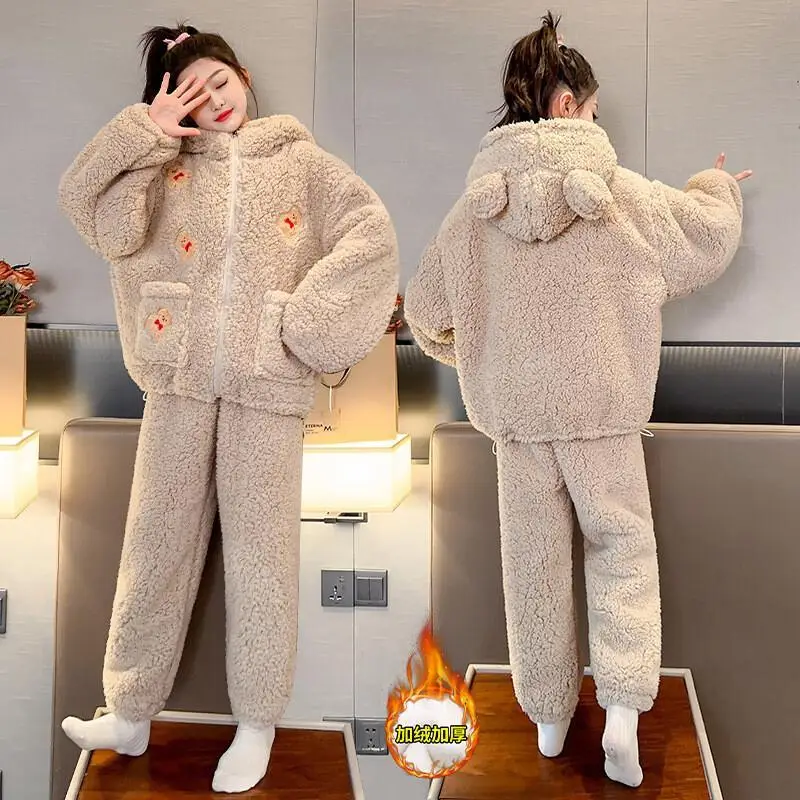 

Winter Pajamas Flannel Thick Kawaii Casual Coat Set Lamb Wool Home New Autumn Fashion 2-Piece Children's Clothing Jacket Suit