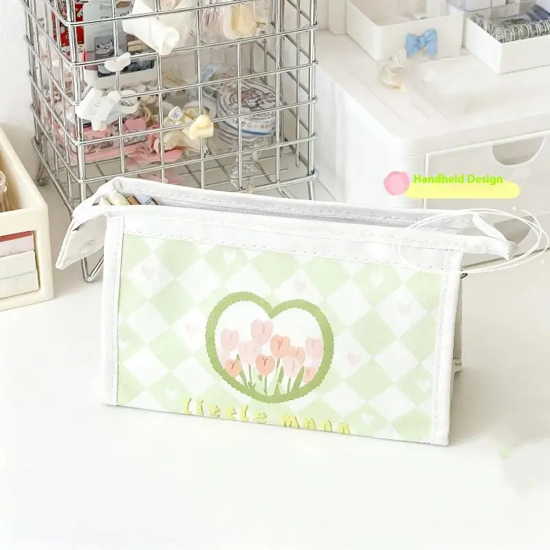 Cute Sweet Tulip Flower PU Pencil Case Large Capacity Stationery Bag Simple Multifunctional Waterproof Portable Storage Bag