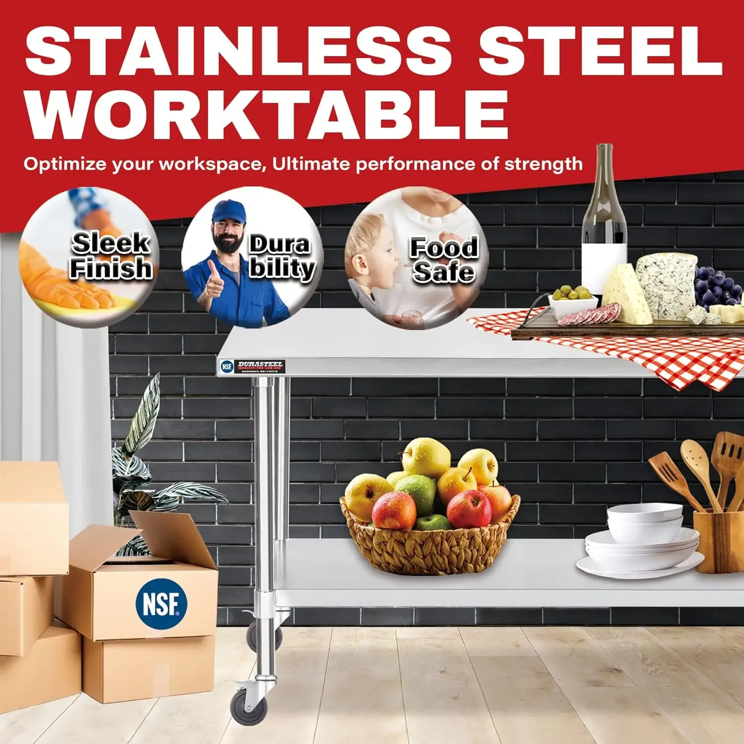 Stainless Steel Table - DuraSteel 24 x 48 Inch Metal Table Cart - Commercial Workbench with Caster Wheel - NSF Certifi