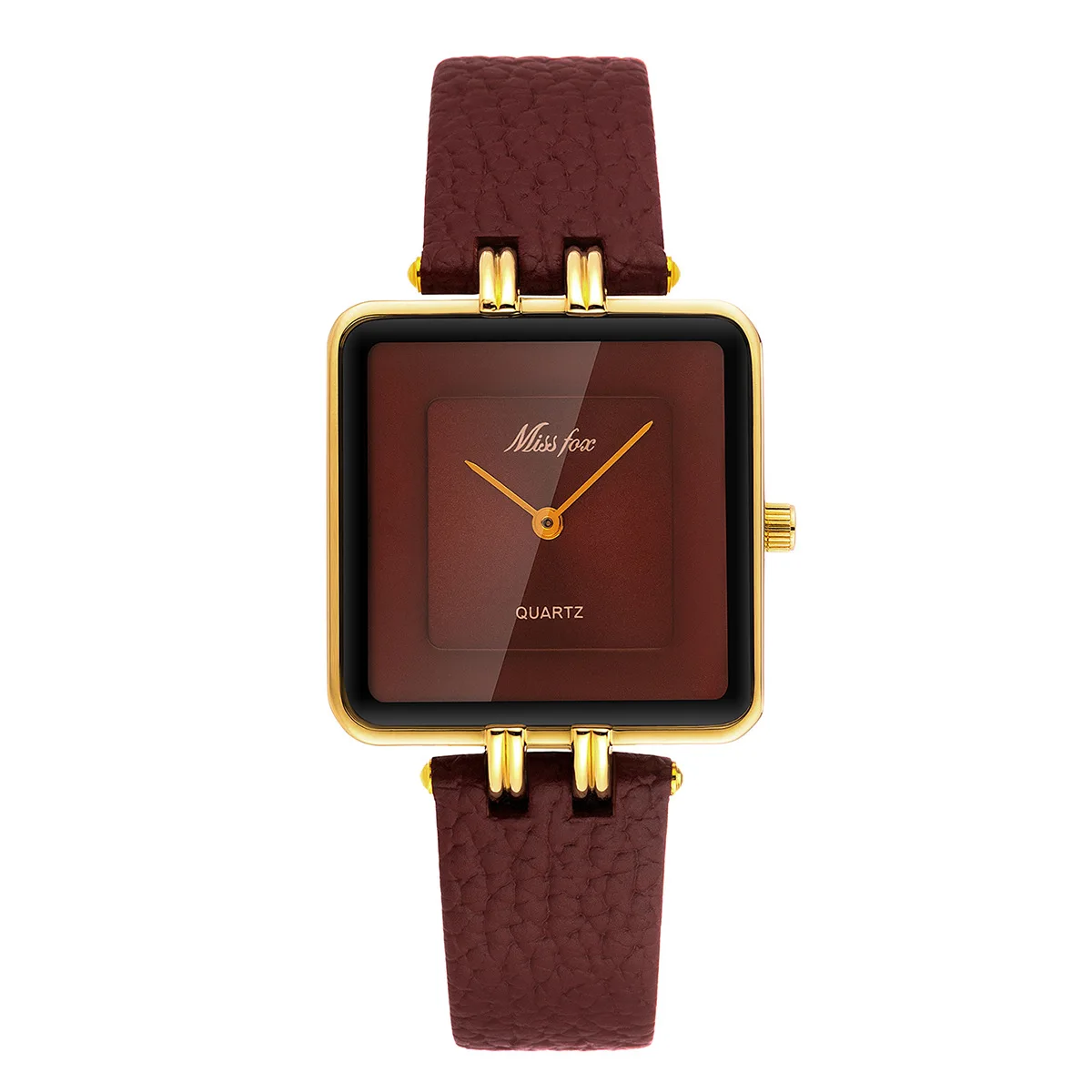 Fashion Middle East Minimalist Quartz Watch for Women with Square Gold Wine Red Dial and Leather Strap