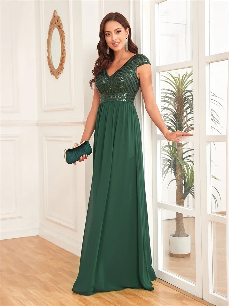 Lucyinlove Elegant Sequins Sleeveless Evening Dress Women 2024 V Neck Green Wedding Party Graduation Prom Chiffon Cocktail Gowns