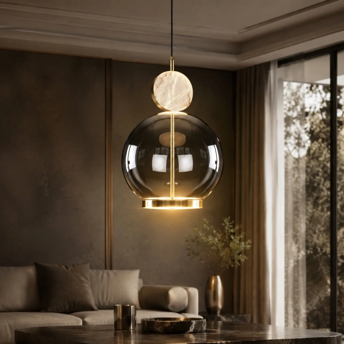 Minimalist Modern 2026 Smoky Transparent Glass Pendant Light Natural Stone Disc Brass Gold Lamp Fixture for Kitchen Island