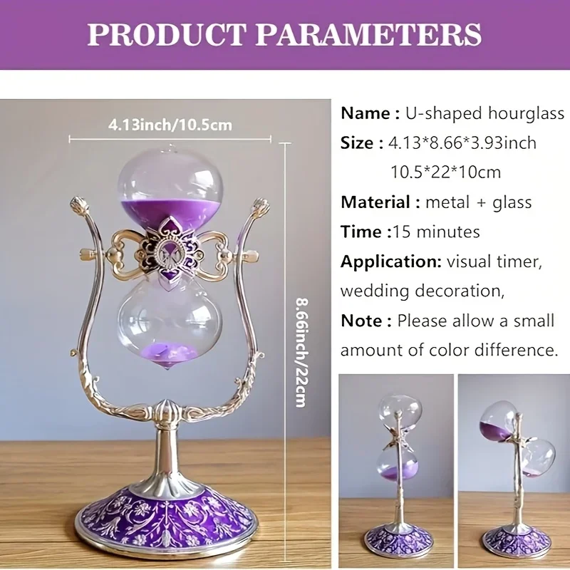 Elegant Vintage Glass U-Shaped Hourglass Non-Electric Battery-Free Timer with Metal Stand for Office Study Desk Decor