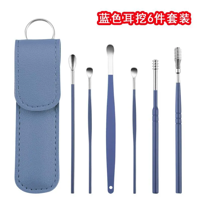 귀청소 6Pcs/set Stainless Steel Spiral Ear Pick Spoon Ear Wax Removal Cleaner Ear Tool Multi-Function Portable with Storage Holster