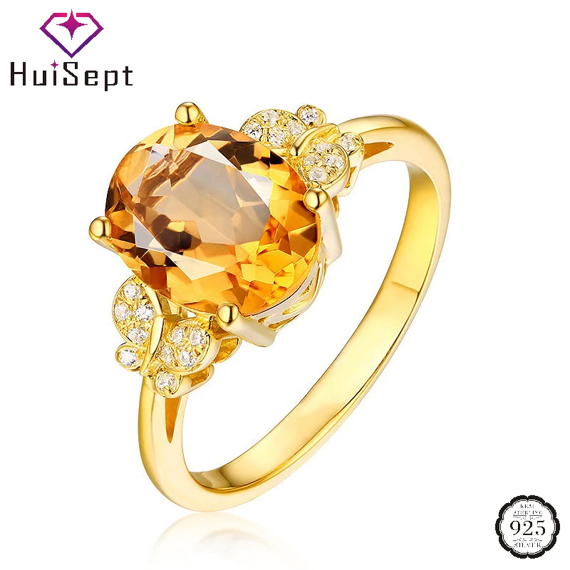 HuiSept Fashion Women Ring 925 Silver Jewelry with Citrine Zircon Gemstone Gold Color Open Finge Rings for Wedding Party Gifts