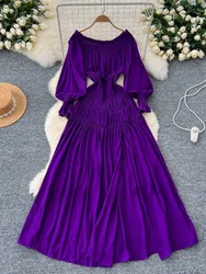 Autumn France Elegant Formal Occasion Dress Women Solid Slim Lantern Sleeve Open Fork Party Dress Female Fashion Robe Ball Gown