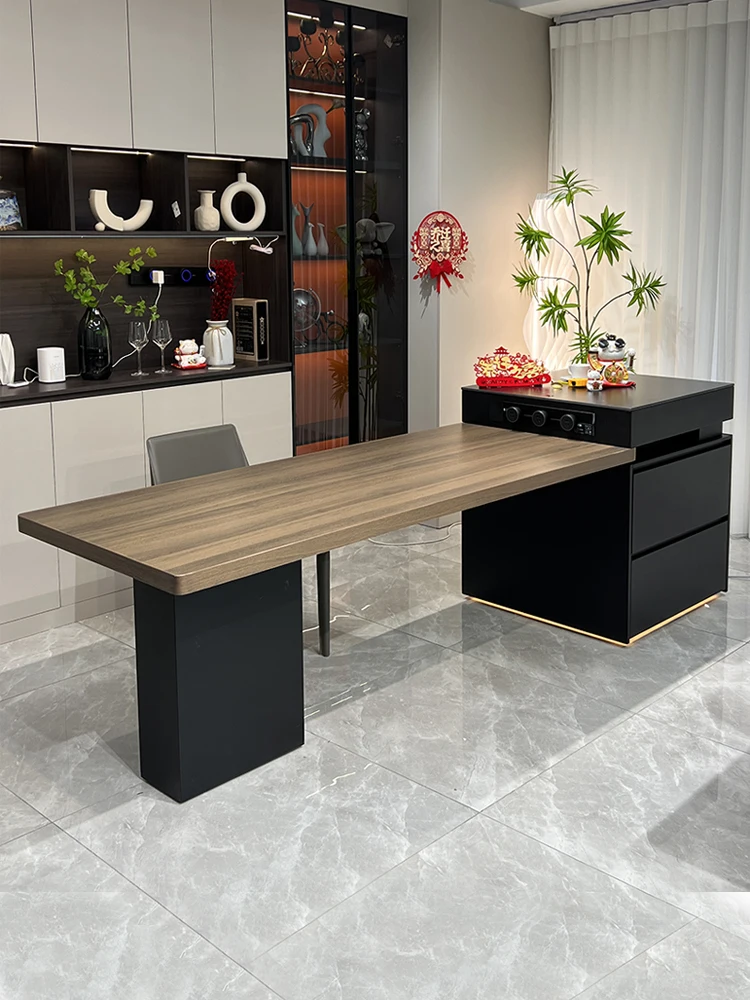 Island table integrated retractable walnut rock slab electric intelligent storage multi-function