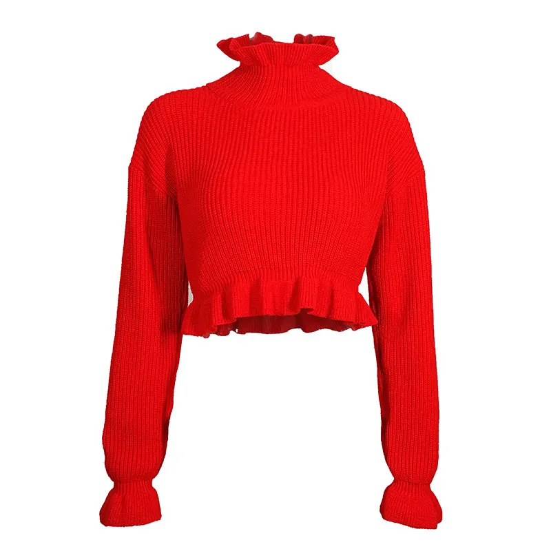 Ubei Hot style autumn clothing knitted ruffles base turtleneck sweater women short pullover crop top fashion