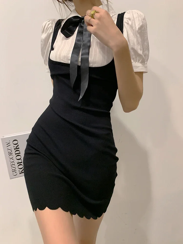 

Sweet Vestidos De Mujer 2025 Шикарные поддельные две платья Женская туника контрастного цвета Мини-облегающее платье Корейский шикарный летний халат Femme