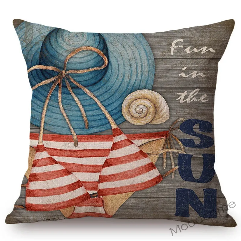 Vintage Summer Beach Time Seashell Anchor Bikini Home Decoration Throw Pillow Case Retro European Oceanic Style Cushion Cover