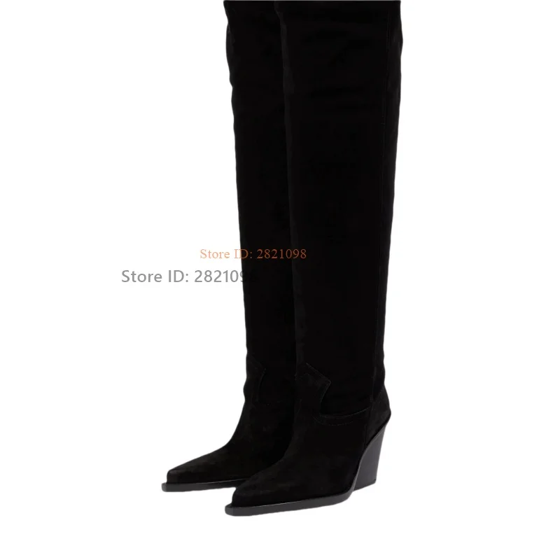 Black Suede Leather Wedge Heeled Over The Knee Thigh High Boots Women Pointed Toe Chunky Heeled High Heel Knight Pants Boot