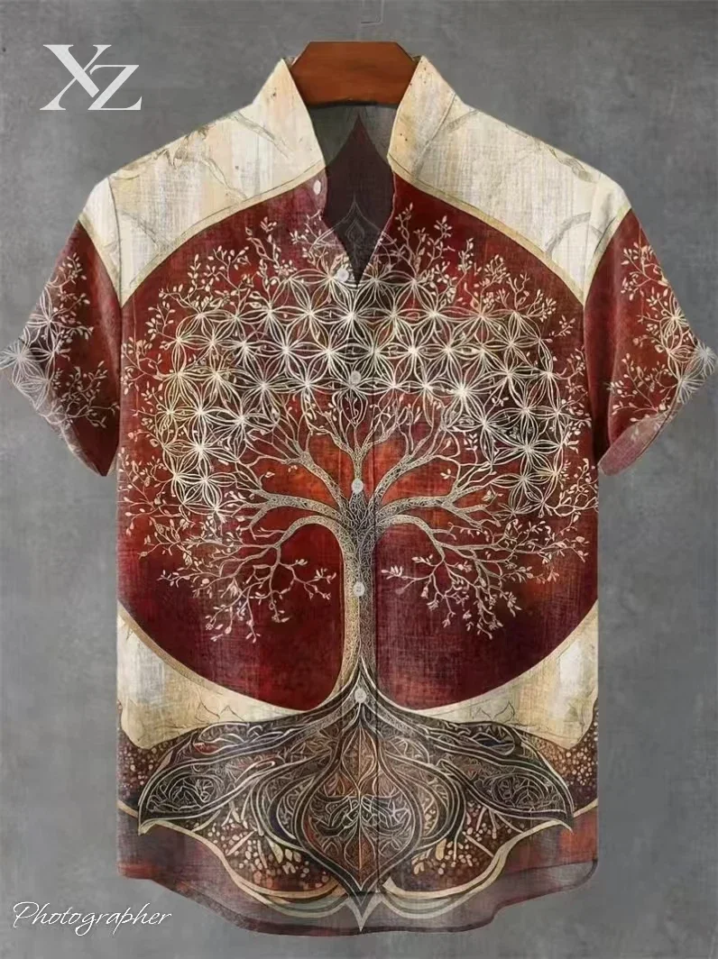 Men's Short Sleeved Linen Shirt with Ethnic Retro 3D Printed Sunlight Trees Illustrations Casual