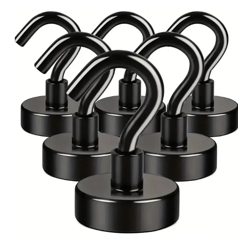6PcsNeodymium Iron Boron Magnet Black Magnetic Small Hook 16mm Metal Strong Magnet Rotatable No-Drill Open Design Strong Hook