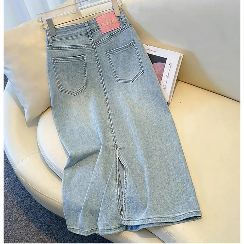 2024 Spring Summer New High Waist Chinese Style Embroidered Denim Skirt Women\'s Back Split Long Jeans Skirts Wrapped Hip Skirts