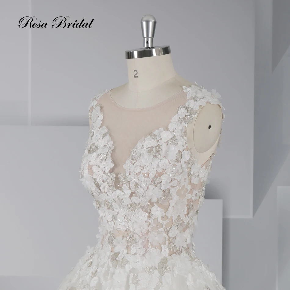 V-Neck Lace Applique 3D Flower Wedding Dress