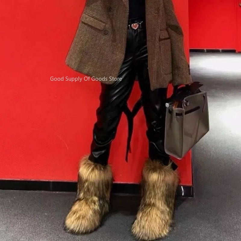 المرأة الشتاء رقيق فو الثعلب الفراء أحذية امرأة أفخم حذاء الثلج عالي الرقبة دافئ الأحذية الفاخرة الفتيات فروي الفراء Bottes موضة الشتاء الأحذية