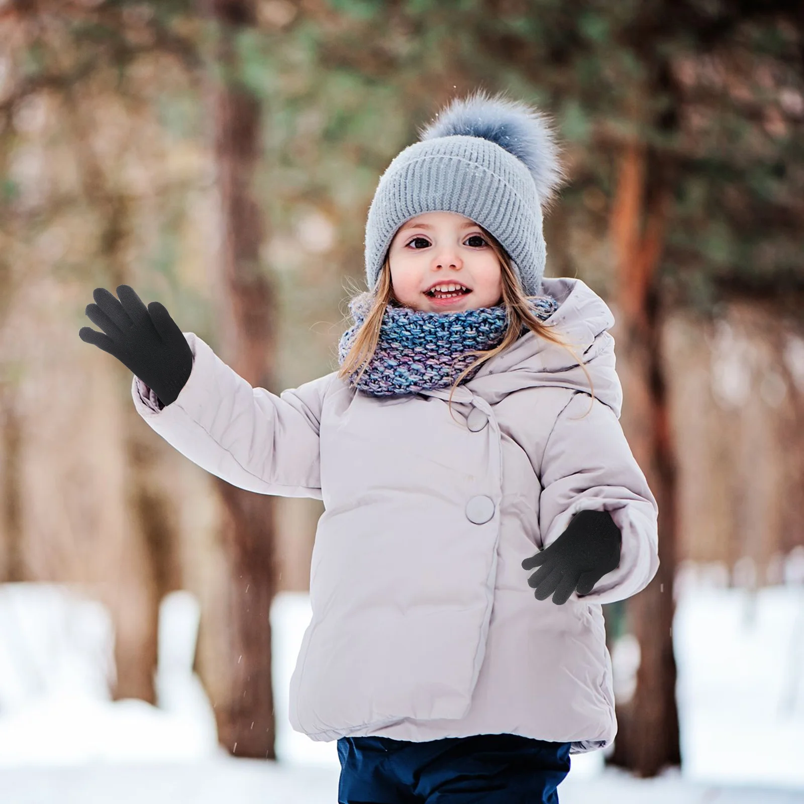 

Black Knitted Gloves Autumn Winter Full Finger Warm Gloves Stretchy Five Fingers Outdoor Use for 4-12 Years Old