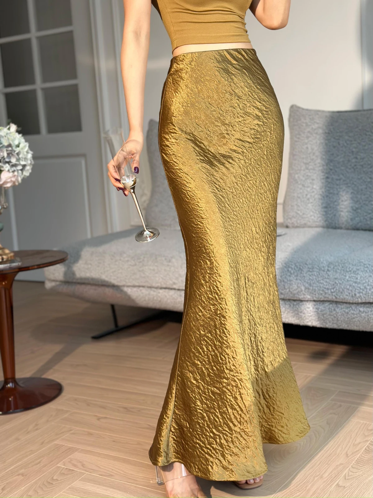 

Оригинальная летняя облегающая юбка XULU с завышенной талией, юбка-обертка, цвет желто-коричневый, высокая эластичность, однотонная