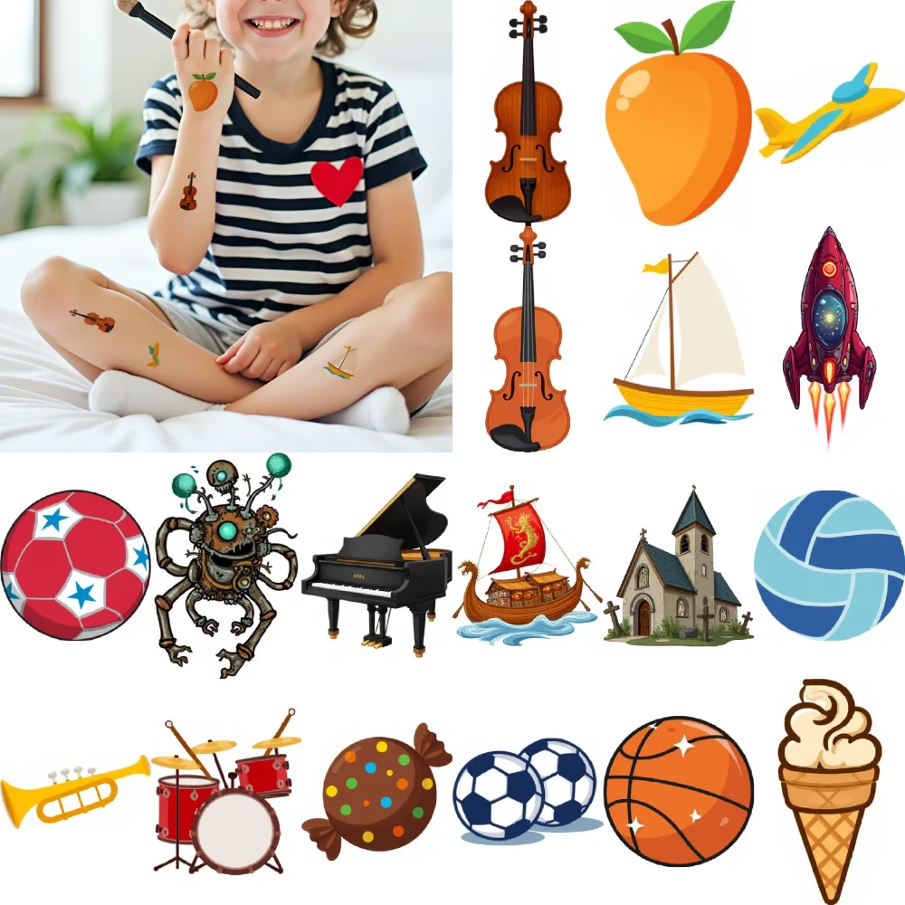 

54pcs Temporary Tattoo waterproof long-lasting body stickers Drum Pineapple Hot Air Balloon for cheeks girls shoulders