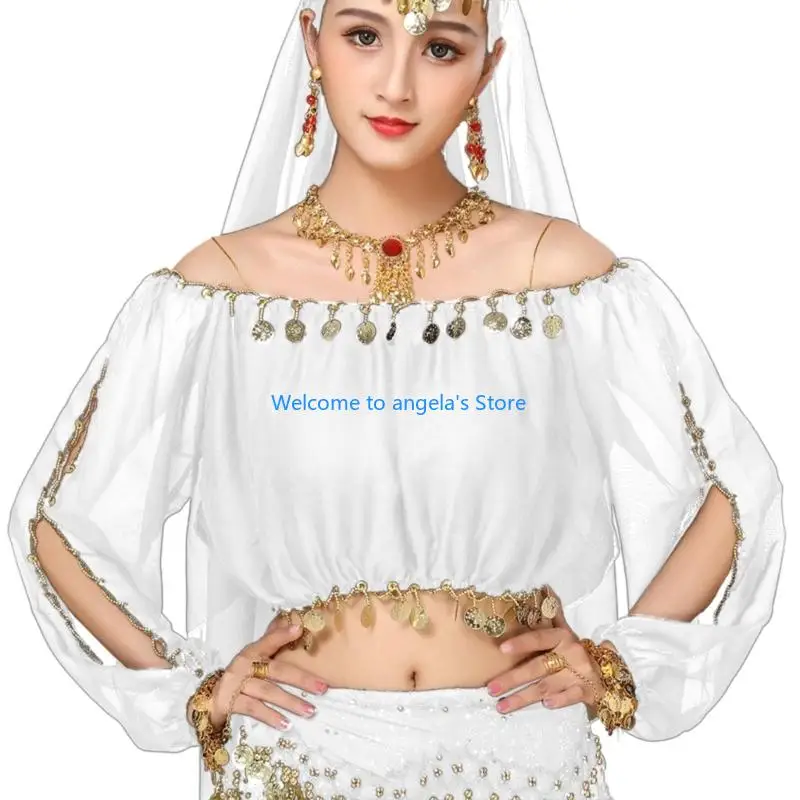 X4YC Belly Dance Outfit Long Sleeve munten Top Shirt Belly Dance -kostuum voor dames Halloween Stage -uitvoeringen Kostuum