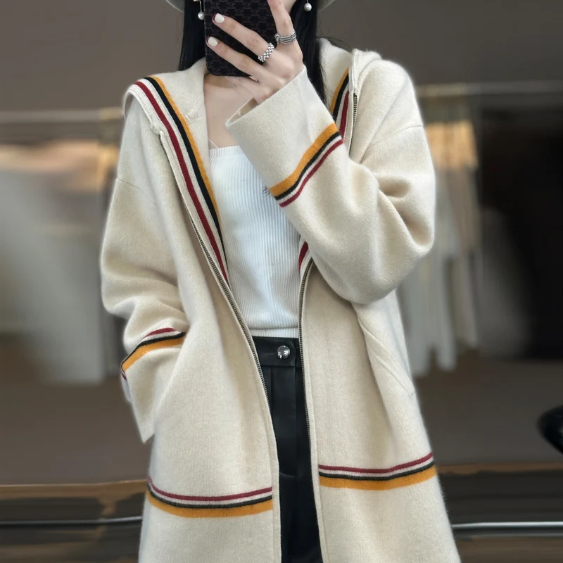 New Women's 100% Merino Wool Coat Casual High grade Knitted Cardigan Women's Hooded Sweater Long Wool Coat Autumn and Winter