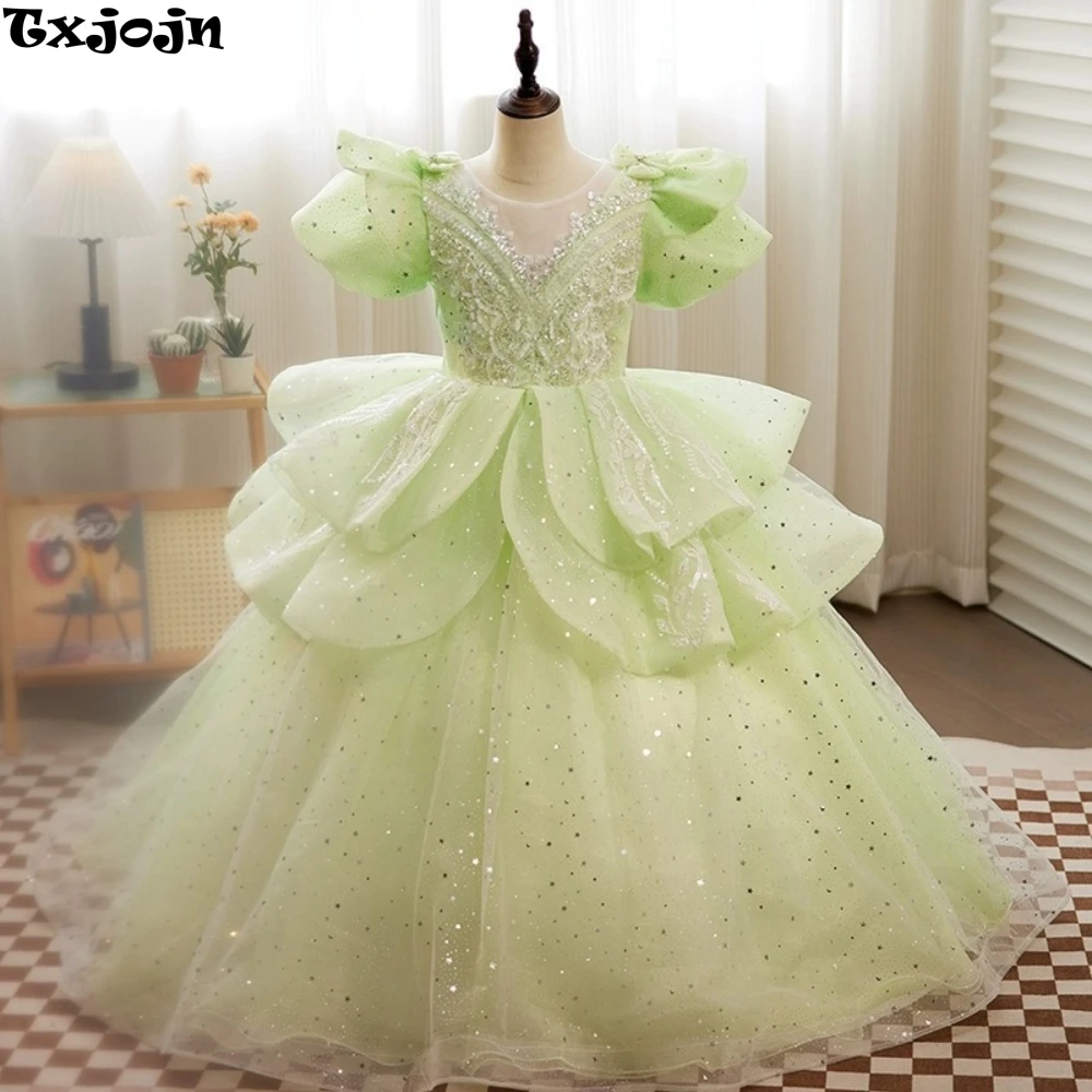 Romantic Elegant Light Green Ball Gown Long For Girls Birthday Party Sequined Beads Short Sleeves Princess Dresses Stage Catwalk