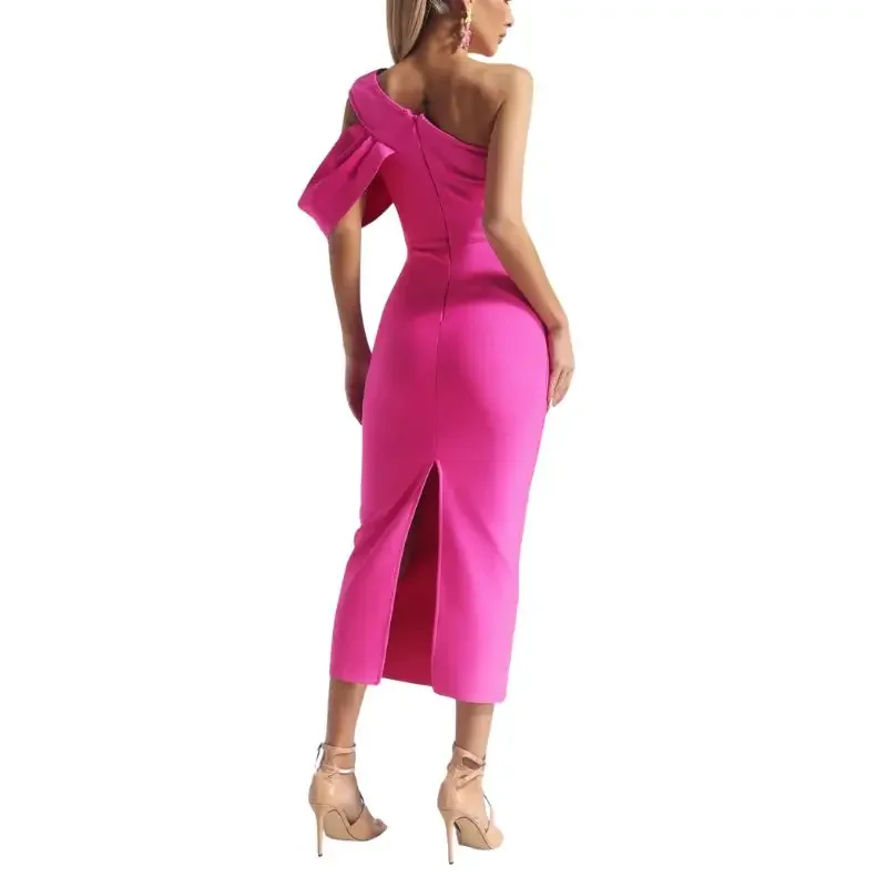 Sexy Pink One Shoulder Bodycon Midi Dress Elegant Ruffle Cold Shoulder Evening Gown Chic Wedding Guest Party Night Club Vestidos