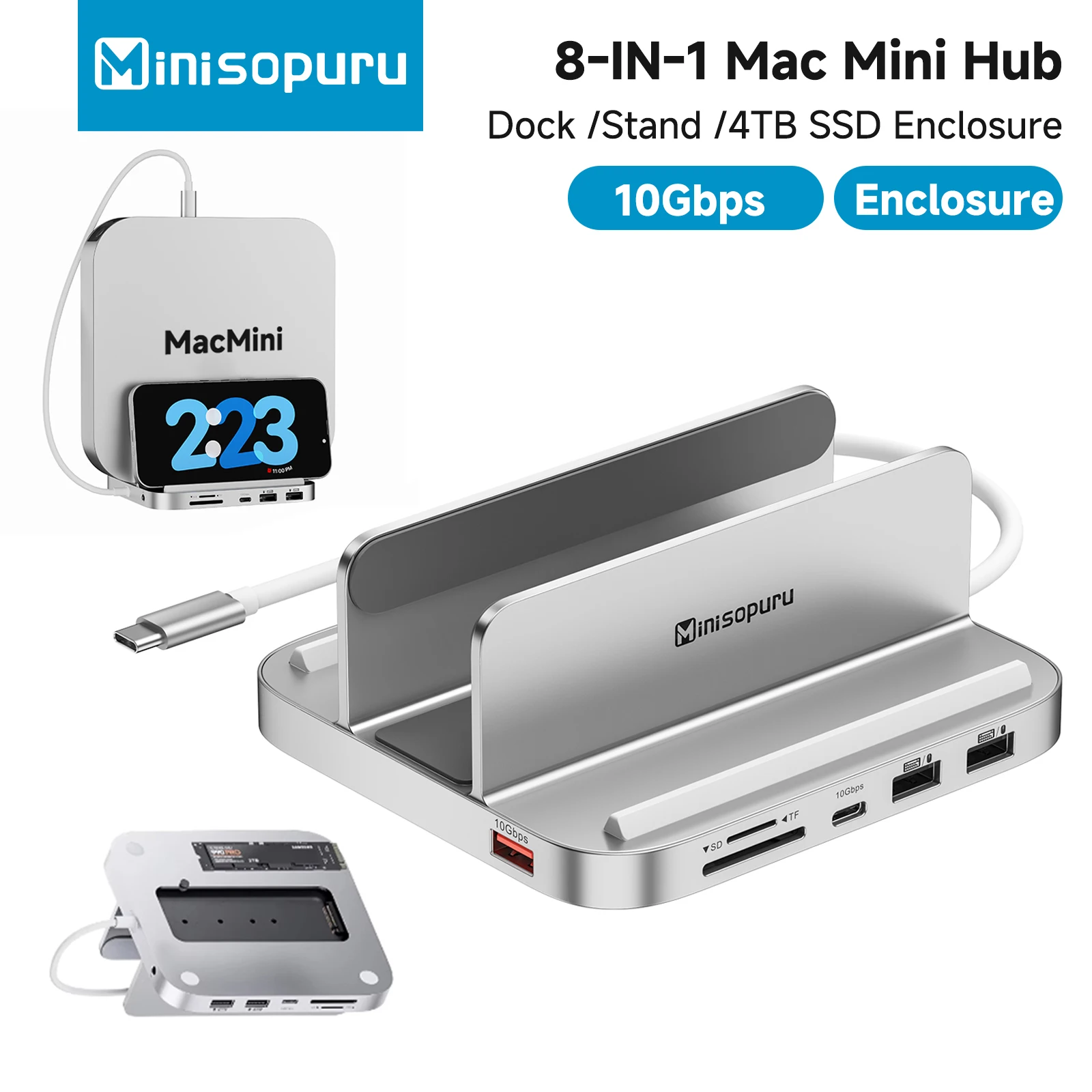 Minisopuru Mac Mini Dock y soporte: concentrador de 8 puertos con carcasa SSD M.2 NVMe y transferencia de datos de 10 Gbps