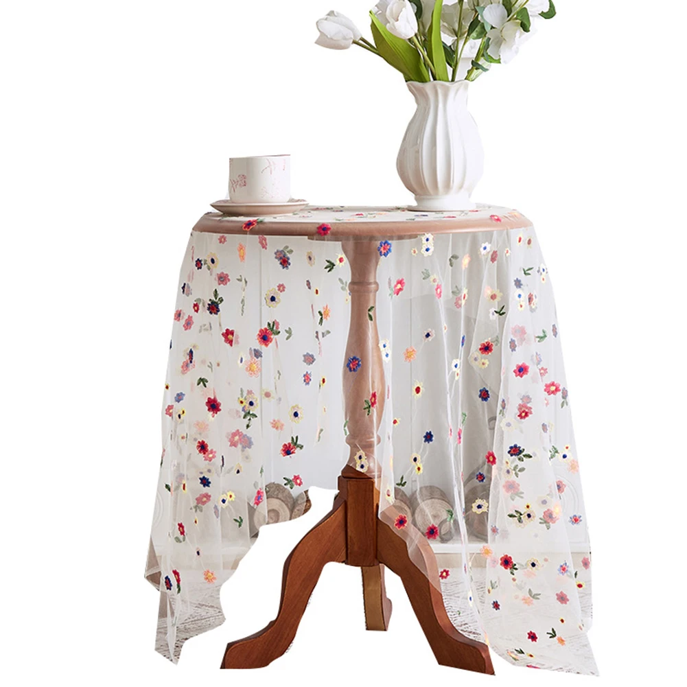 Dining Table Setting 150*100cm Embroidered Flower Tablecloth Cover Daily Use Table Linens Easy Care Table Cover