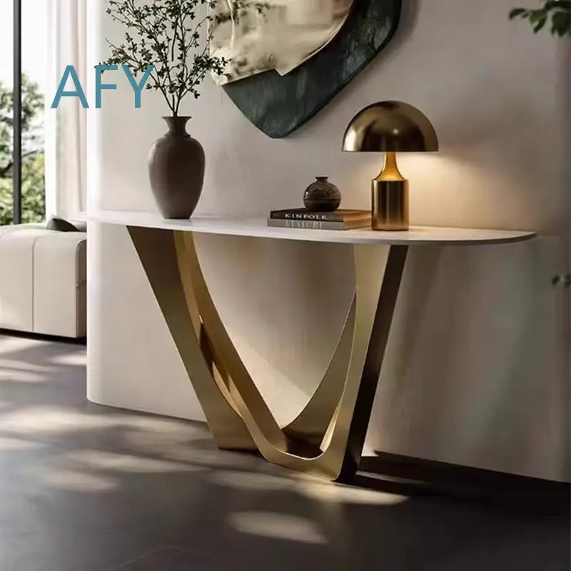Wabi Sabi Style Entryway Console Table for Modern Home Villa Hotel Hallway Wall Mounted Champagne Gold Stainless Steel