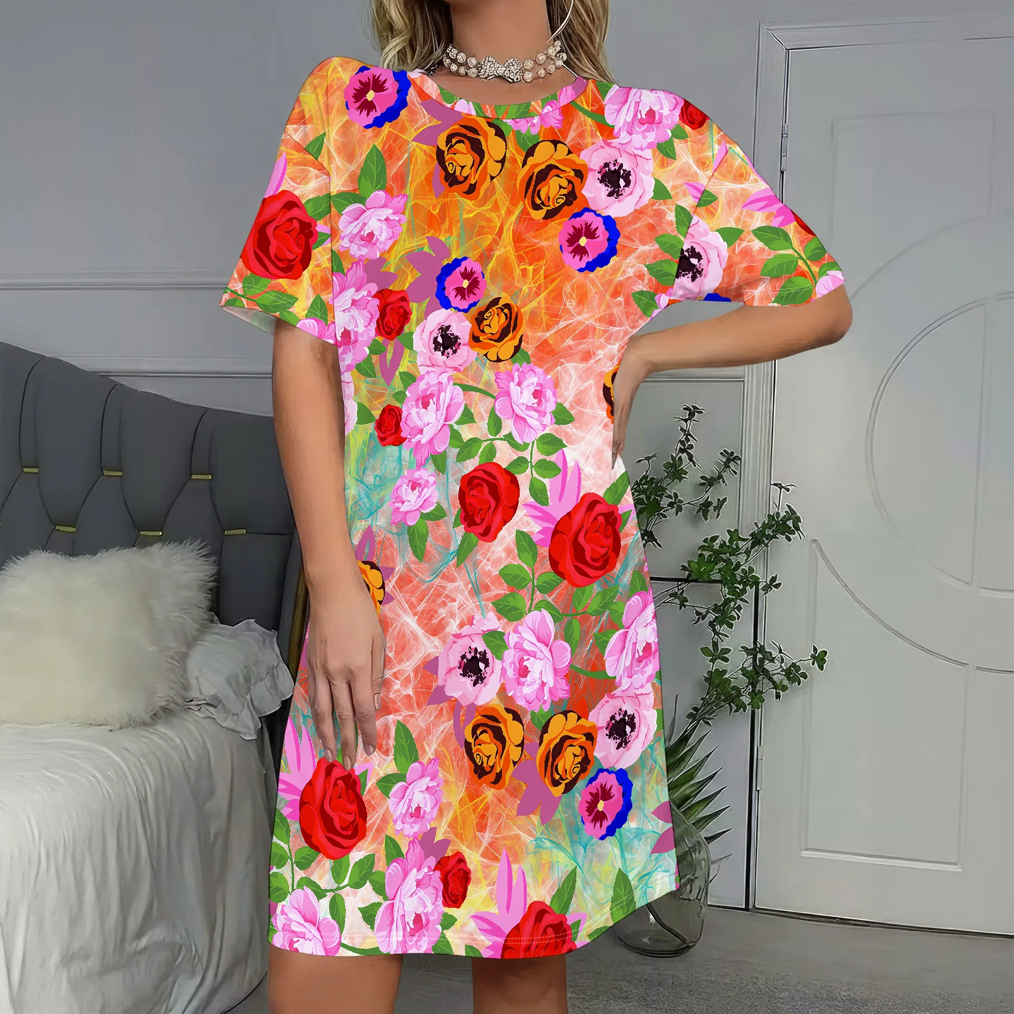 

Vibrant Floral Print, Short Sleeve Dress, Boho Style, Summer Wear, Casual Outfit, S-2XL