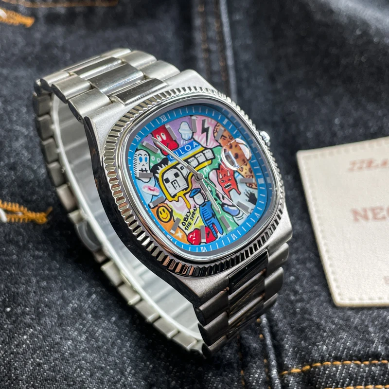 CILOA-Men Trendy Silver Watch Colorful Graffiti Dial Stainless Steel Strap Street Art Fashion Quartz Wrist Watch-518