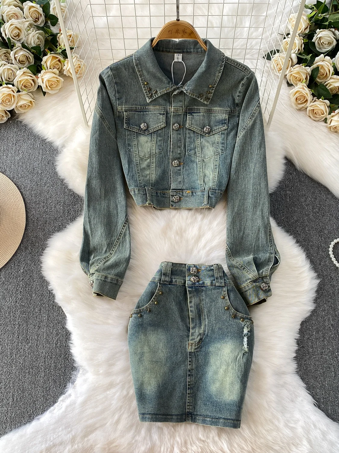 

Уникальный роскошный джинсовый тюнер с завышенной талией и юбкой из двух предметов, металлический синий винтажный женский модный наряд