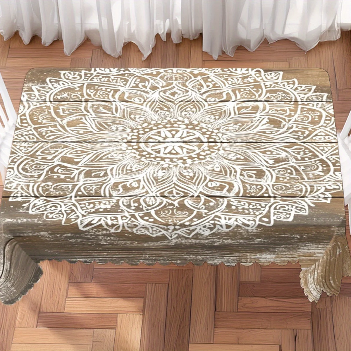 Boho Mandala Wood Grain Print Waterproof Washable Tablecloth, Rectangular Table Cover for Indoor Dining & Farmhouse Decor