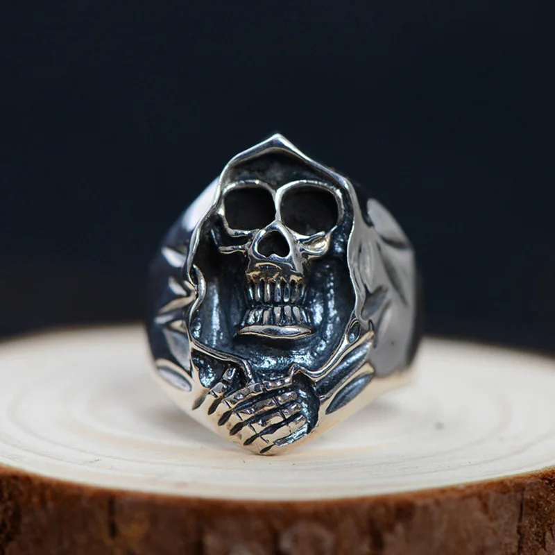 Single Ring Men's Punk Style Skull Grim Reaper Antique Ring For Men Biker Ring 925 Sterling Silver Jewelry Accessories