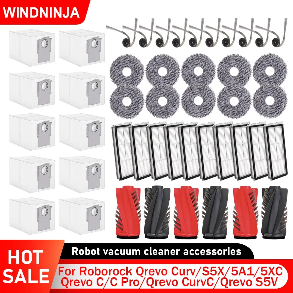 Pour Roborock Qrevo Curv/S5X/5A1/5XC/Qrevo C/C Pro/Qrevo CurvC/Qrevo S5V/5AE/P20 PRO : Brosse principale, brosse latérale, filtre, chiffon de nettoyage, sac de collecte pour aspirateur