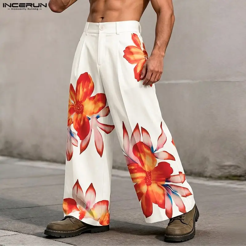 INCERUN Herrenhose mit Blumenmuster, Knopf-Jogginghose, Lässige Weite Hose für Männer, Streetwear 2026, Stilvolle Urlaubshose