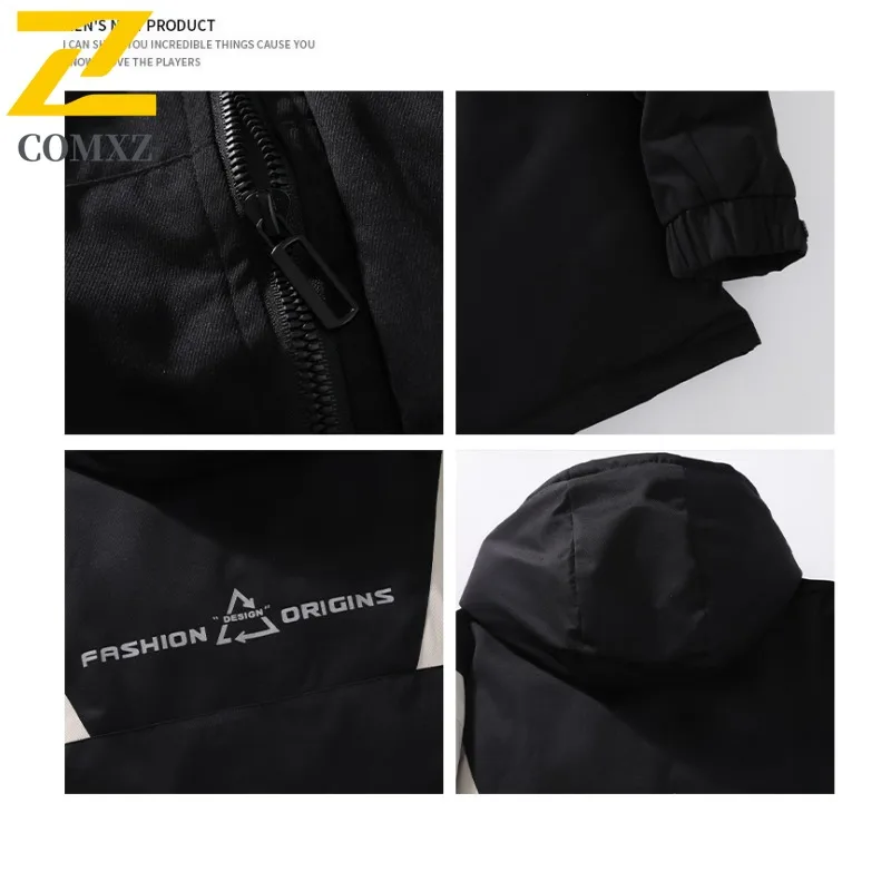 COMXZ 2025 Mens Puffer Jacket Fleece Thermal waterproof and windproof solid color leisure outdoor sports lightweight windbreaker