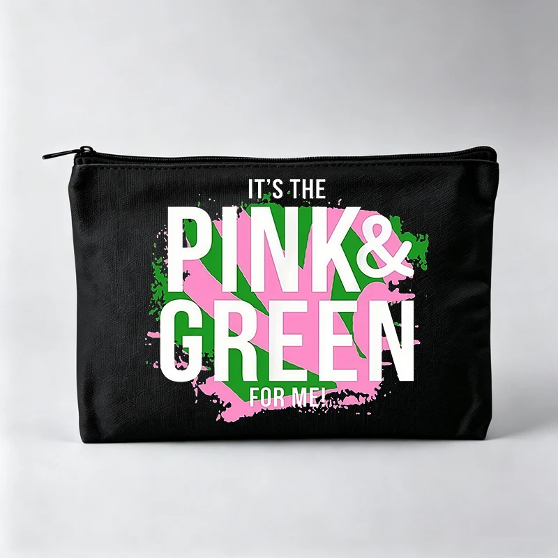 Women's Pink and Green Slogan Print Makeup Bag, Fashion Cosmetic Pouch for Daily Use