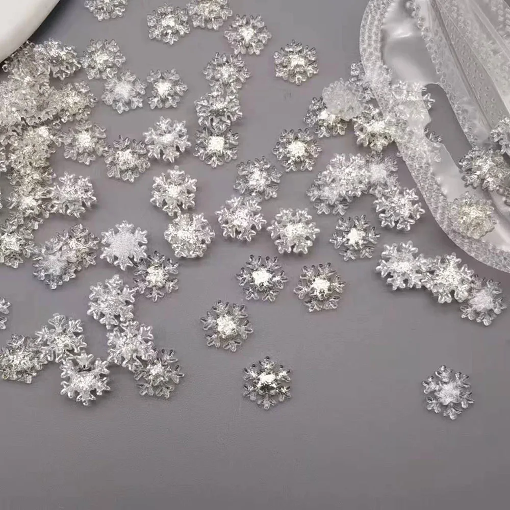 50pcs Christmas Sparkling White Snowflake Nail Charms Accessories Glitter Resin Snow Nail Decoration for Manicure DIY Parts