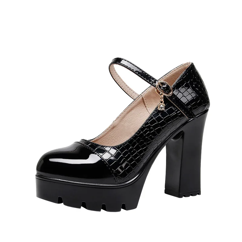 

10cm Fashion New Shallow Bright Leather Mary Janes Platform Shoes 2025 Block High Heels Pumps Model Dress Office Size 32-43