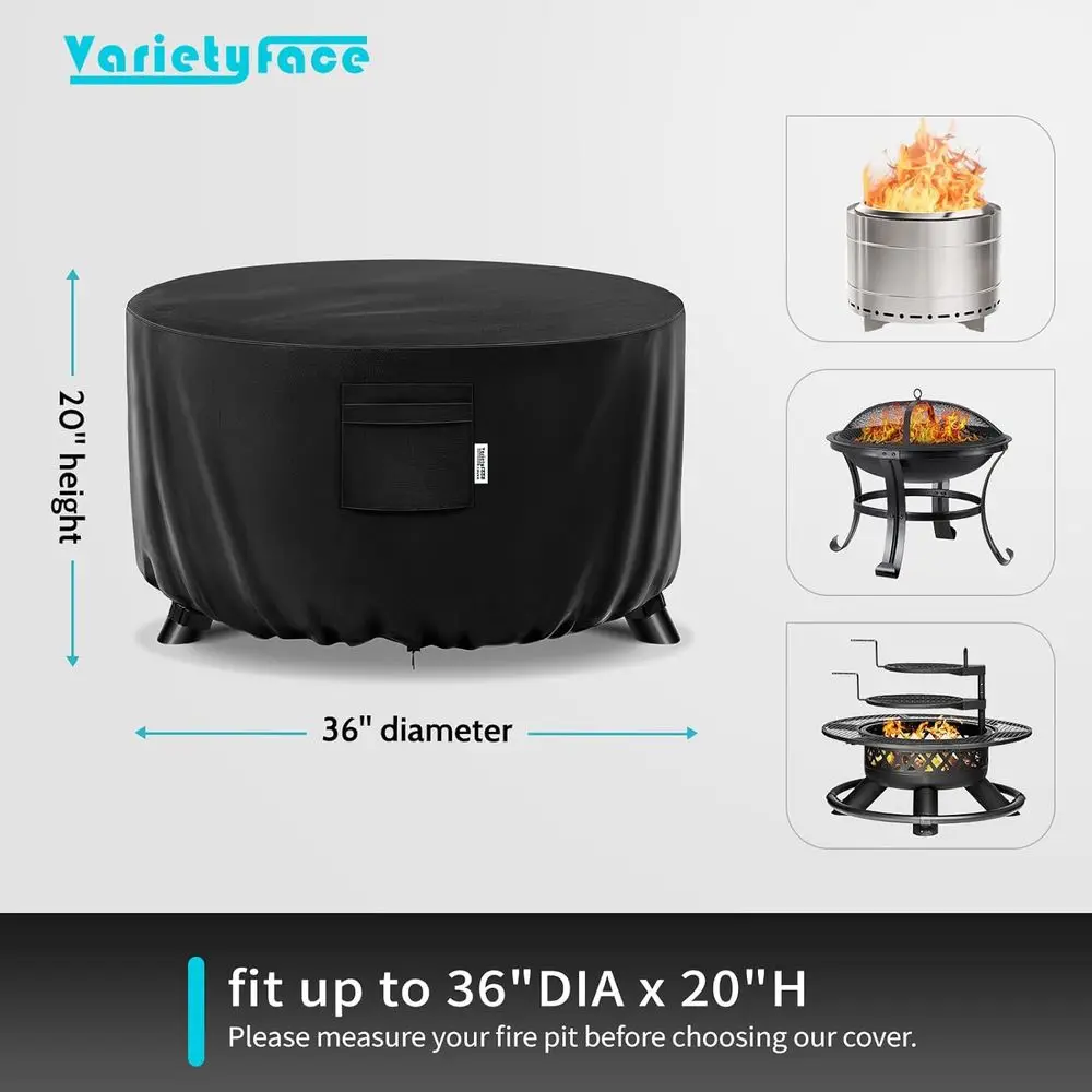 36 Heavy-Duty Waterproof Patio Fire Pit Cover with Buckle Straps, Air Vents, and Wind & UV Protection