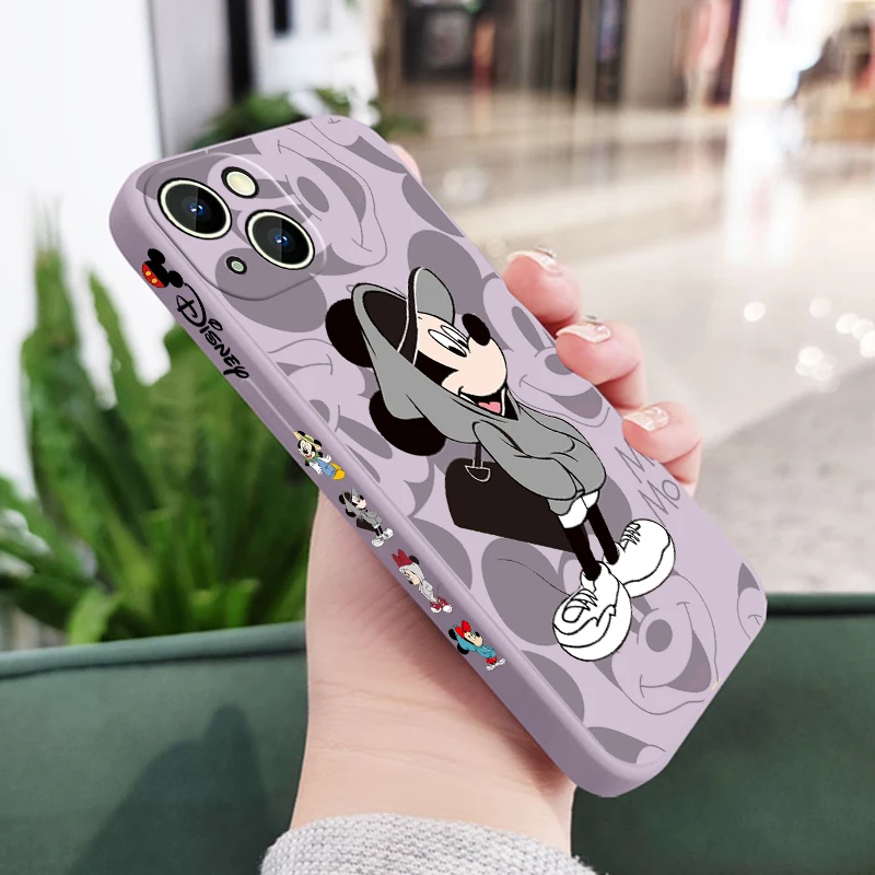 Disney Mickey Minnie Mouse For Apple iPhone 15 14 13 12 11 Pro Max Plus 8 7 SE Liquid Left Rope Phone Case Capa Soft Cover