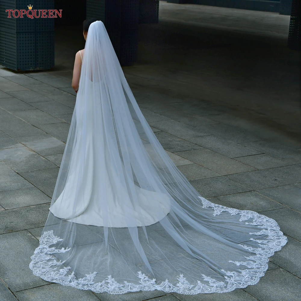 

TOPQUEEN V166 Elegant Wedding Veil 3M Long Embroidery Floral Lace Trim Shell Shape Veil Cathedral Soft Tulle Bridal Accessories