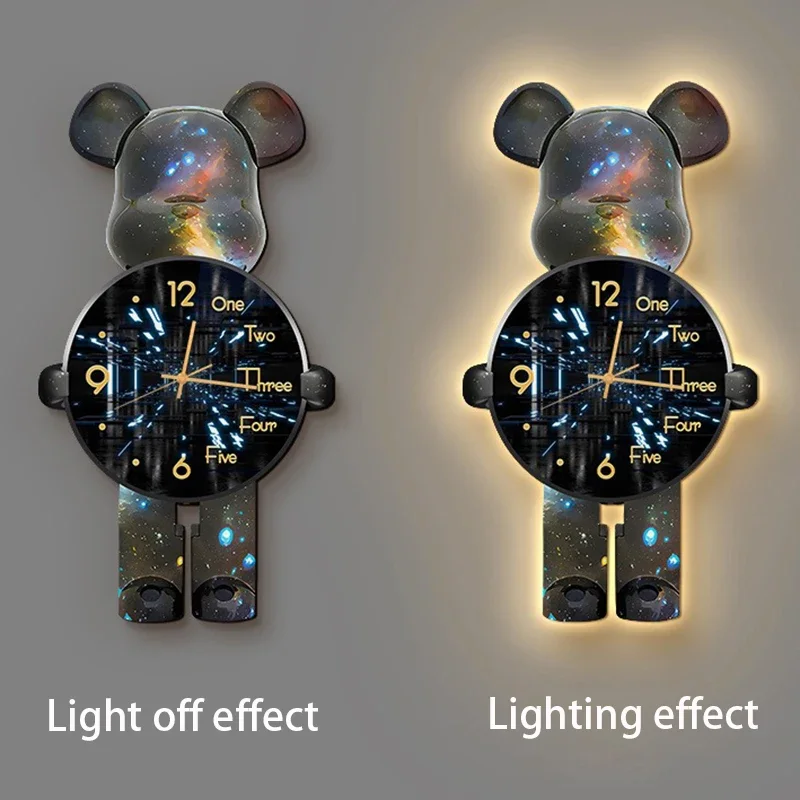 Trendy Bear Wall Clocks Living Room Led Light Wall Clocks Hanging Painting Modern Clock Luxury Entrance Clock Cartoon Brief