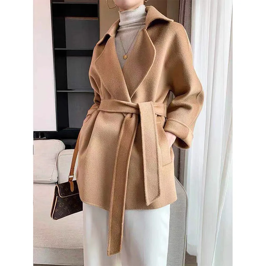 

Women's Short Wool Cashmere Coat with Water Wave Texture Belted Trench Style for Slim Fit