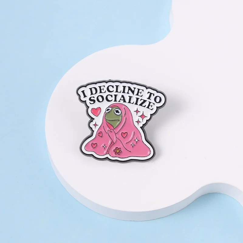 I Decline To Socialize Enamel Pin Socially Anxious Frog Wrapped in Pink Blanket Brooch Lapel Badge Funny Jewelry Gift for Friend