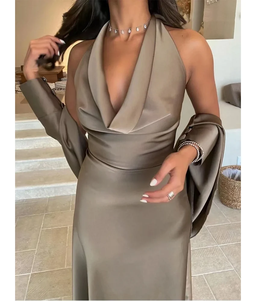 

Customized Fashion Satin A-Line shawl Evening Dress High Quality Sleeveless Halter Floor Length فستان سهرة نسائي